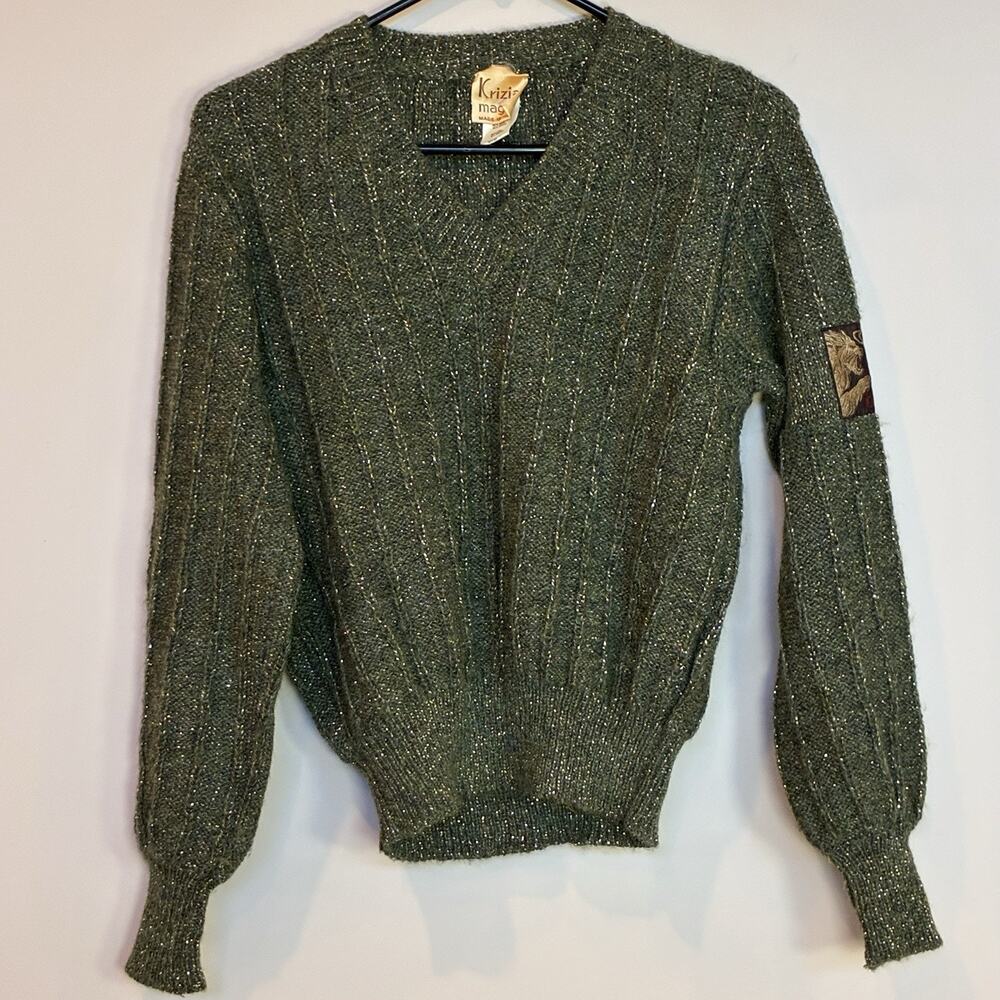 Vintage Krizia Maglia Sweater Lion Emblem on Sleeve Green Gray Size 40/6